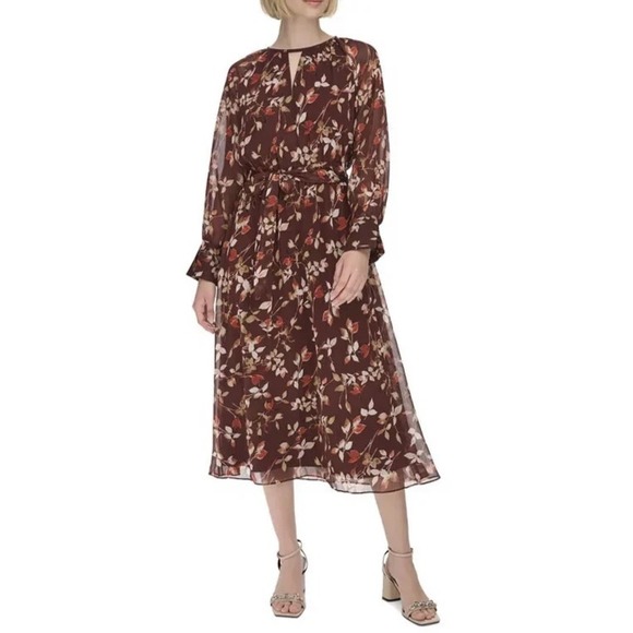 NWT Calvin Klein Floral Keyhole Maxi Dress Size 14 Burgundy Boho Peasant Folk - Picture 12 of 12